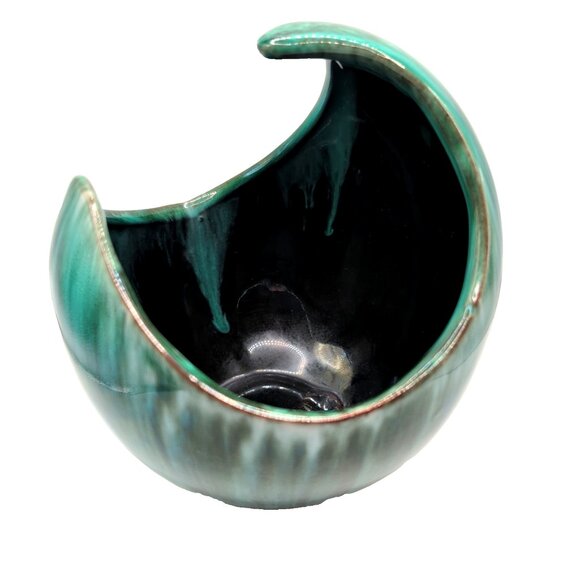 Vtg Blue Mountain Pottery Crescent Vase 6.25x5.5" Teal/Black Drip Glaze No Mark - Picture 4 of 8